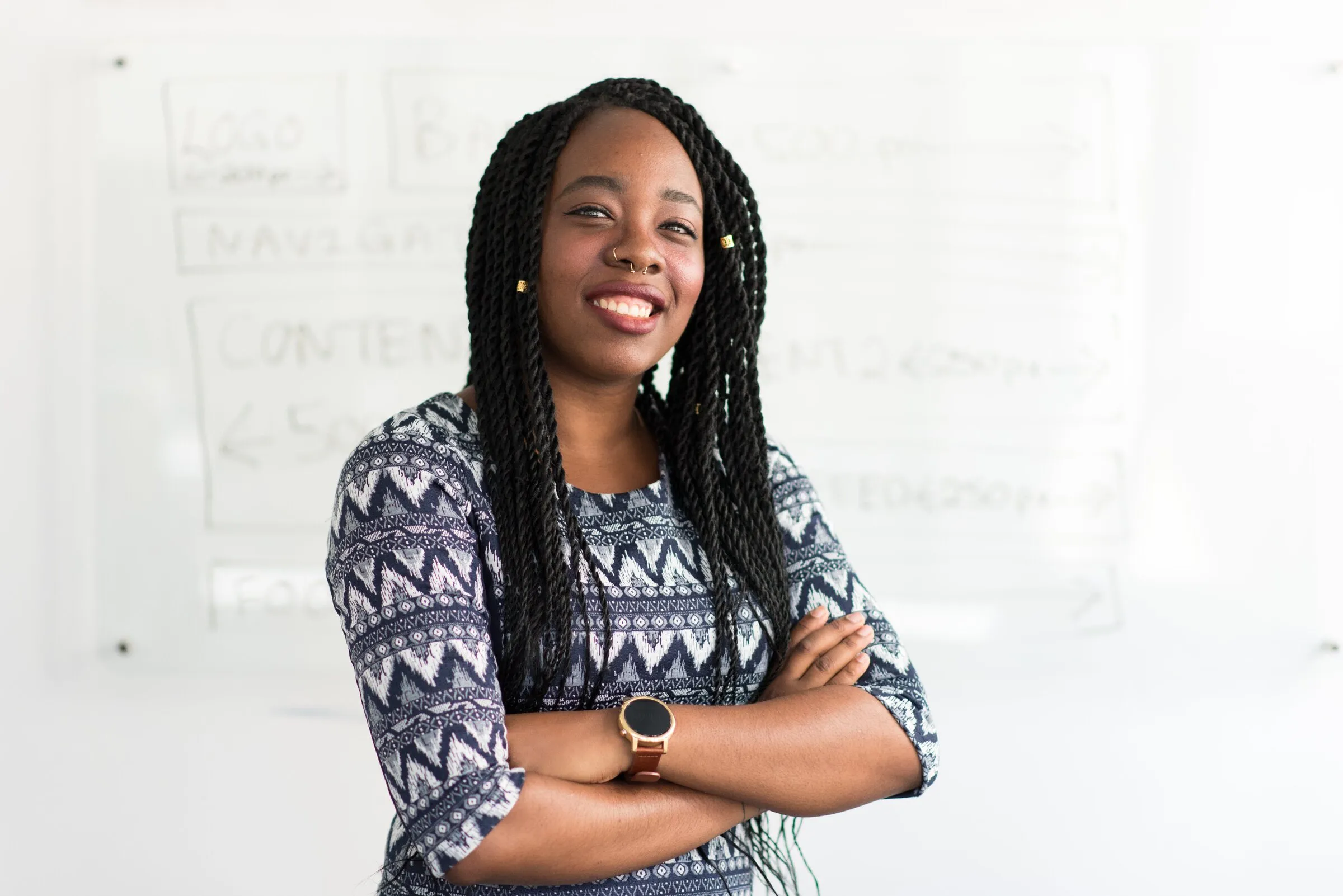 A woman standing in front of a whiteboard, smiling with her arms folded